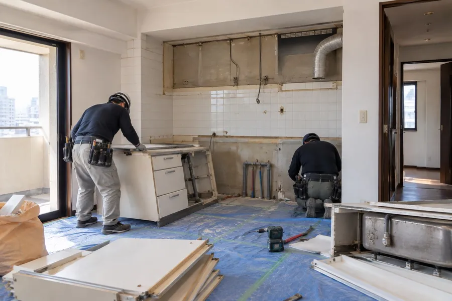 マンションの住戸でシステムキッチンを取り外す職人
