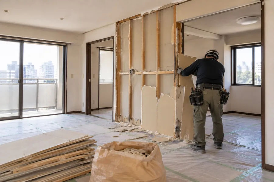 マンションの住戸で間仕切り壁を解体する職人