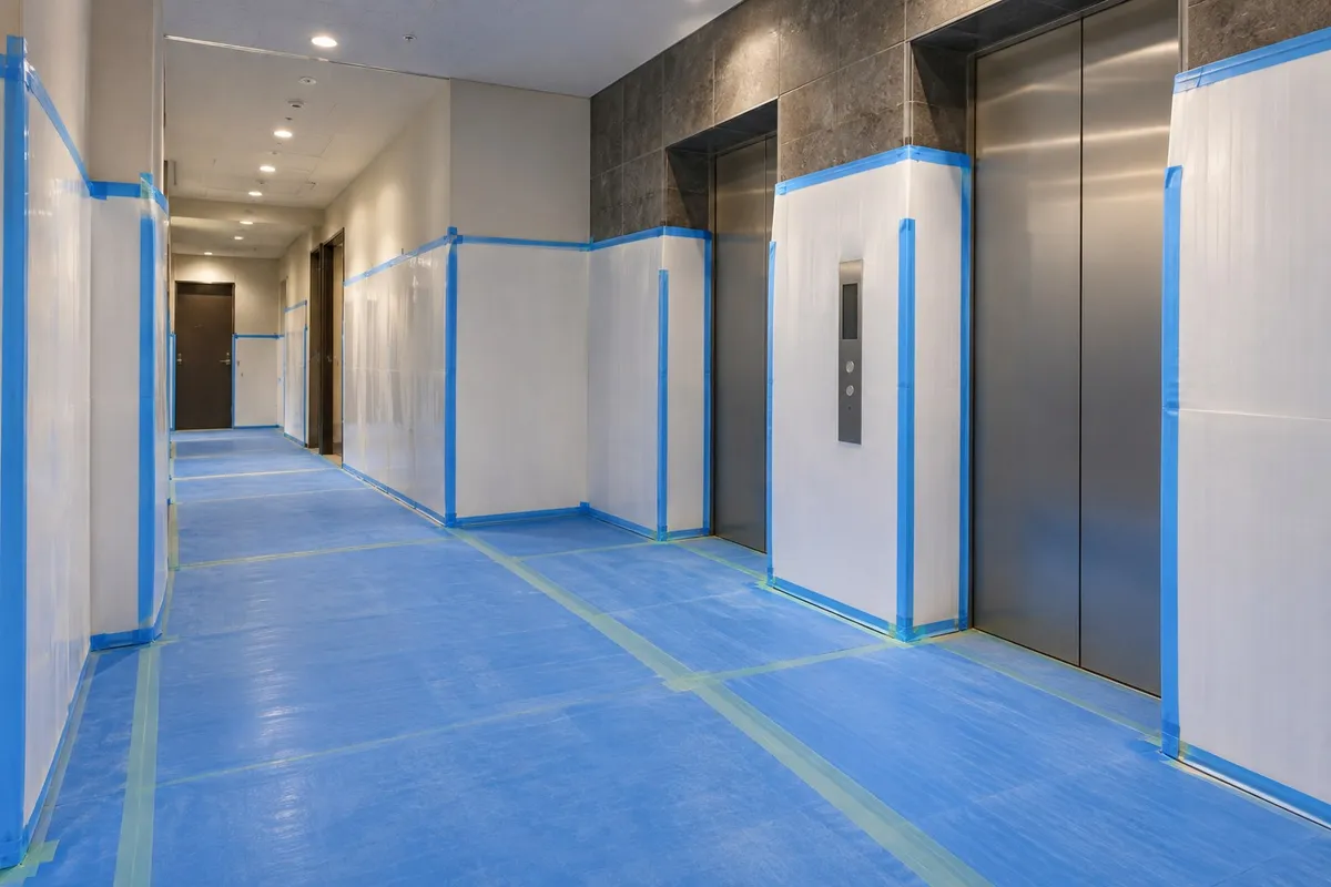 工事のため床と壁に養生をした共用廊下とエレベーターホール
