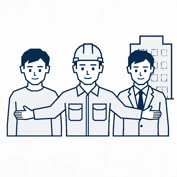 お客様と管理会社の間に立つ職人のイラスト
