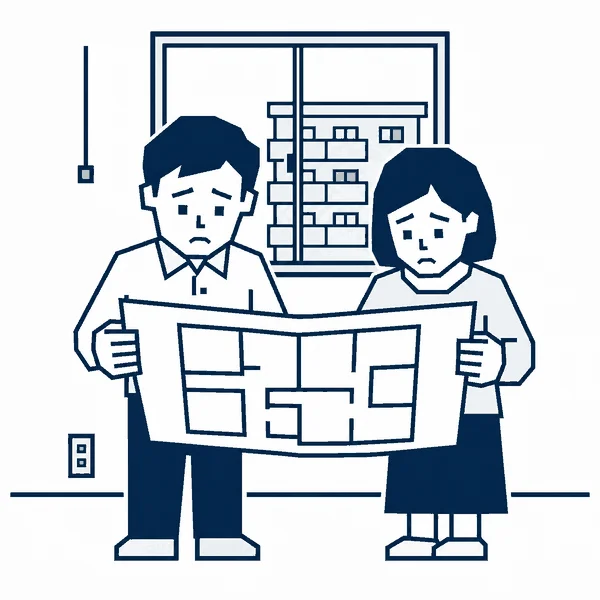 間取り図を見て悩む夫婦のイラスト