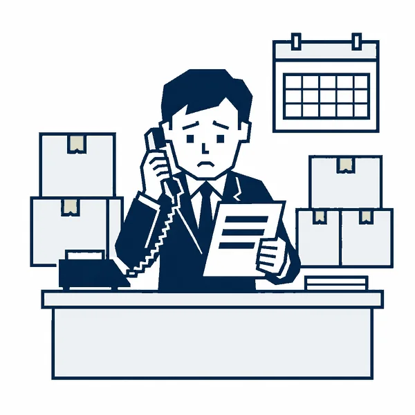電話と見積書を手に悩むオフィス担当者のイラスト